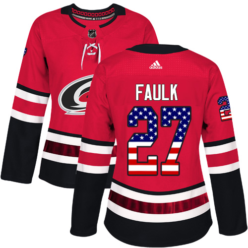 Adidas Hurricanes #27 Justin Faulk Red Home Authentic USA Flag Women's Stitched NHL Jersey - Click Image to Close